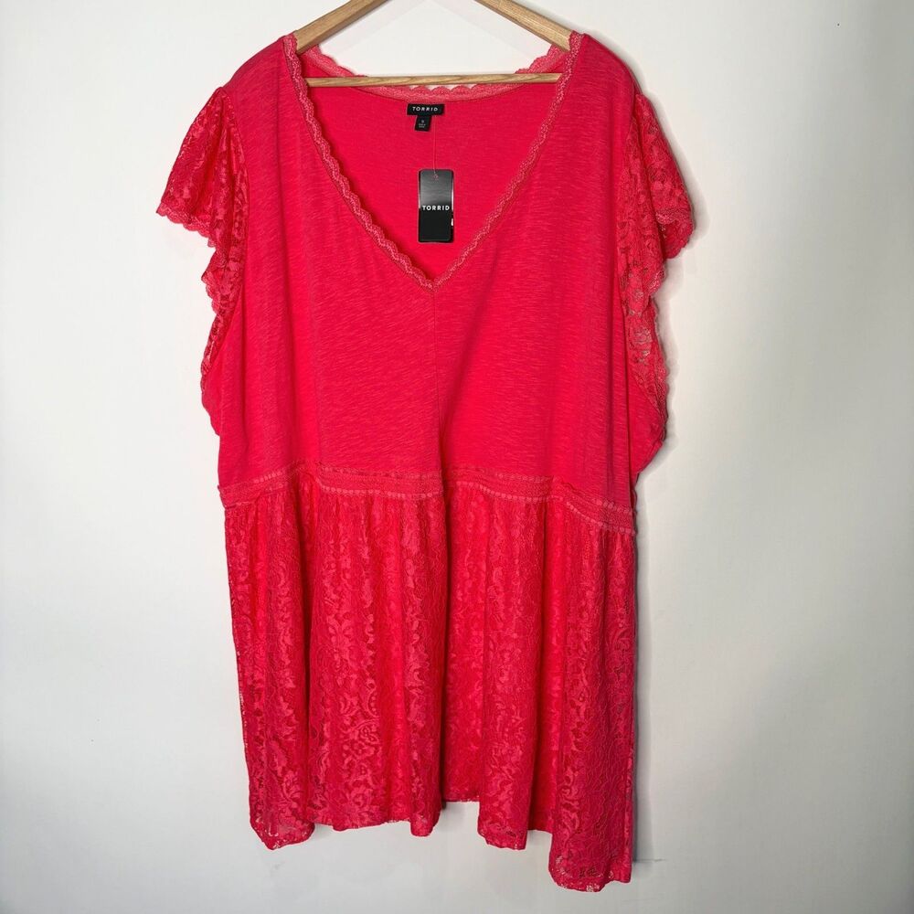 Torrid Teaberry Super Soft Lace Trim Babydoll Top Pink Lace V-Neck Women 5X NWT